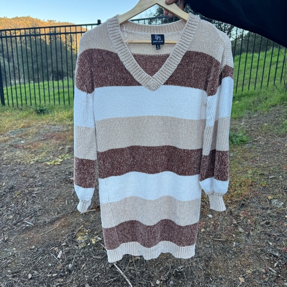 Derek Heart Brown Beige White Stripe V-Neck Sweater Dress Large - Picture 1 of 4
